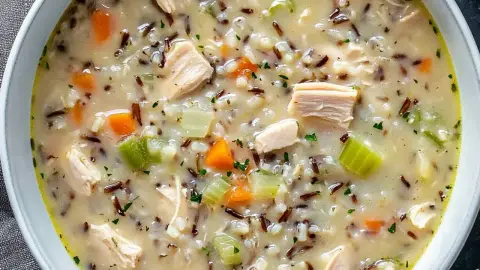 creamy turkey and wild rice soup as a finished dish ready to serve.