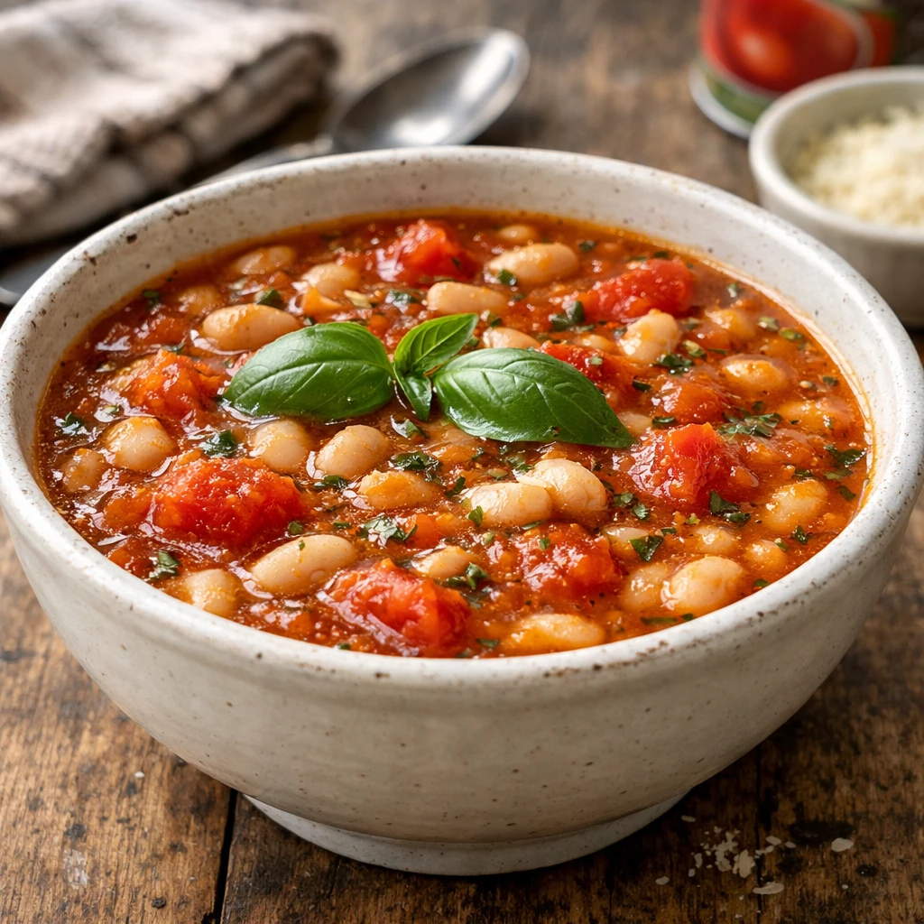 A prepared serving of tomato, white bean and basil soup