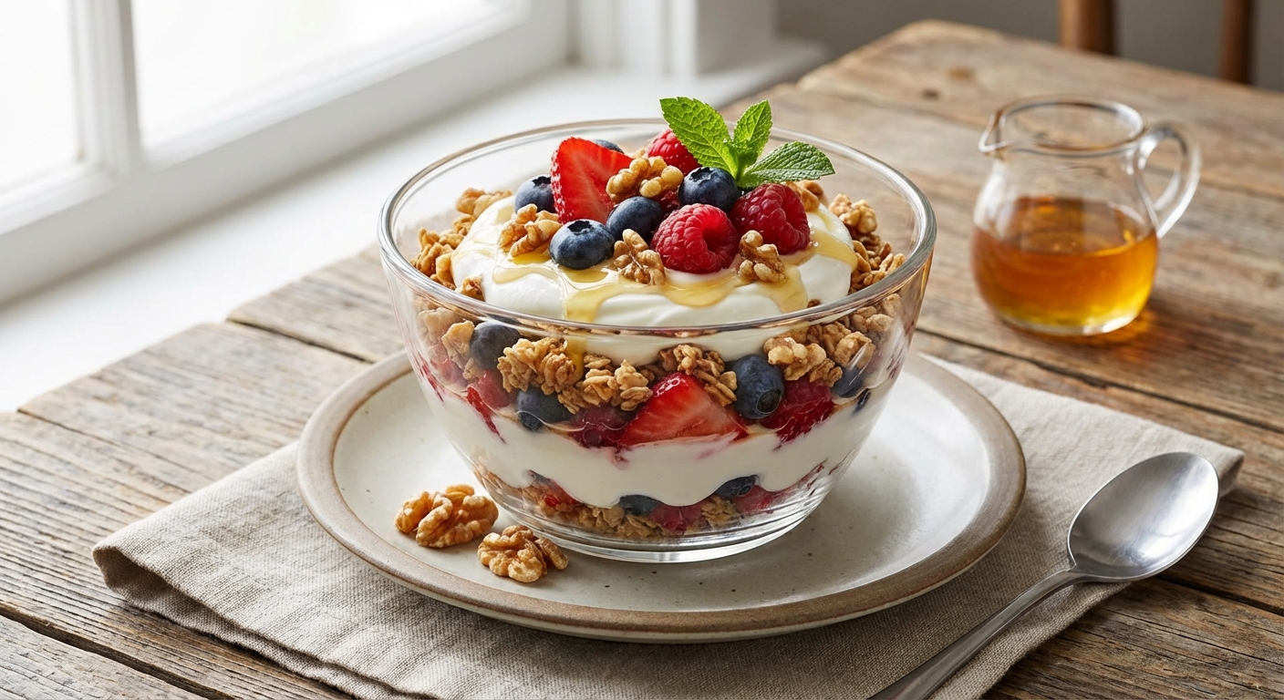 A prepared serving of greek yogurt, fruit and walnut parfait