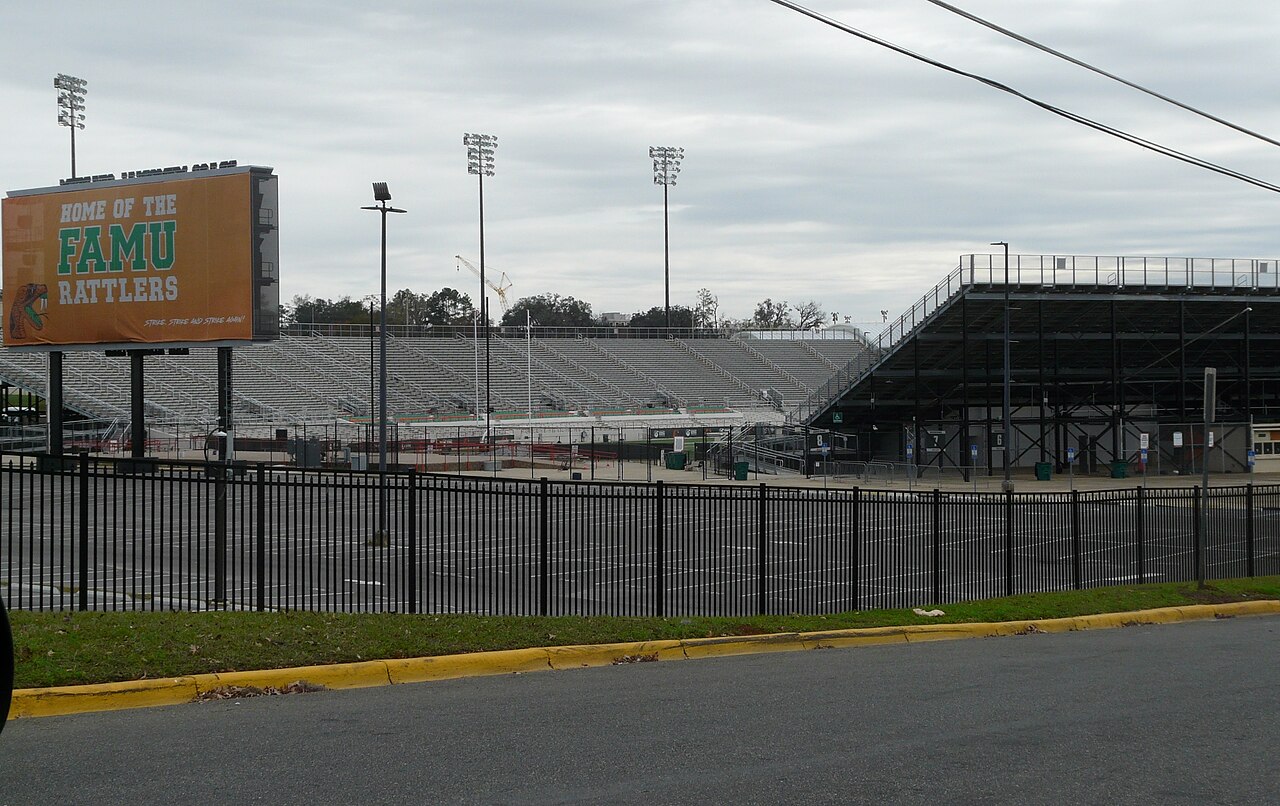 File photograph of Bragg Memorial Stadium at Florida A&M University, viewed from Floral Street and Perry Street in January 2025.