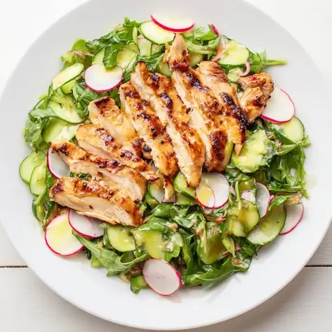 A prepared serving of grilled chicken with cucumber-radish salsa
