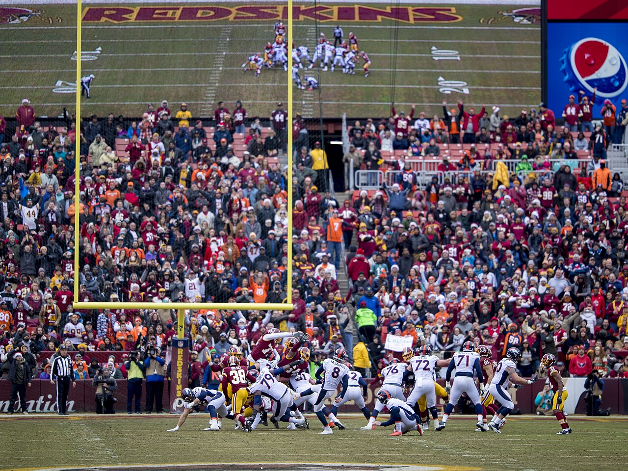 File photo of kicker Brandon McManus during a Denver Broncos game at Washington in December 2017.