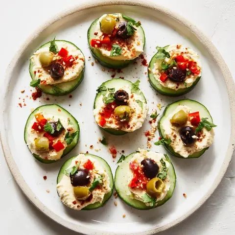A prepared serving of cucumber hummus bites
