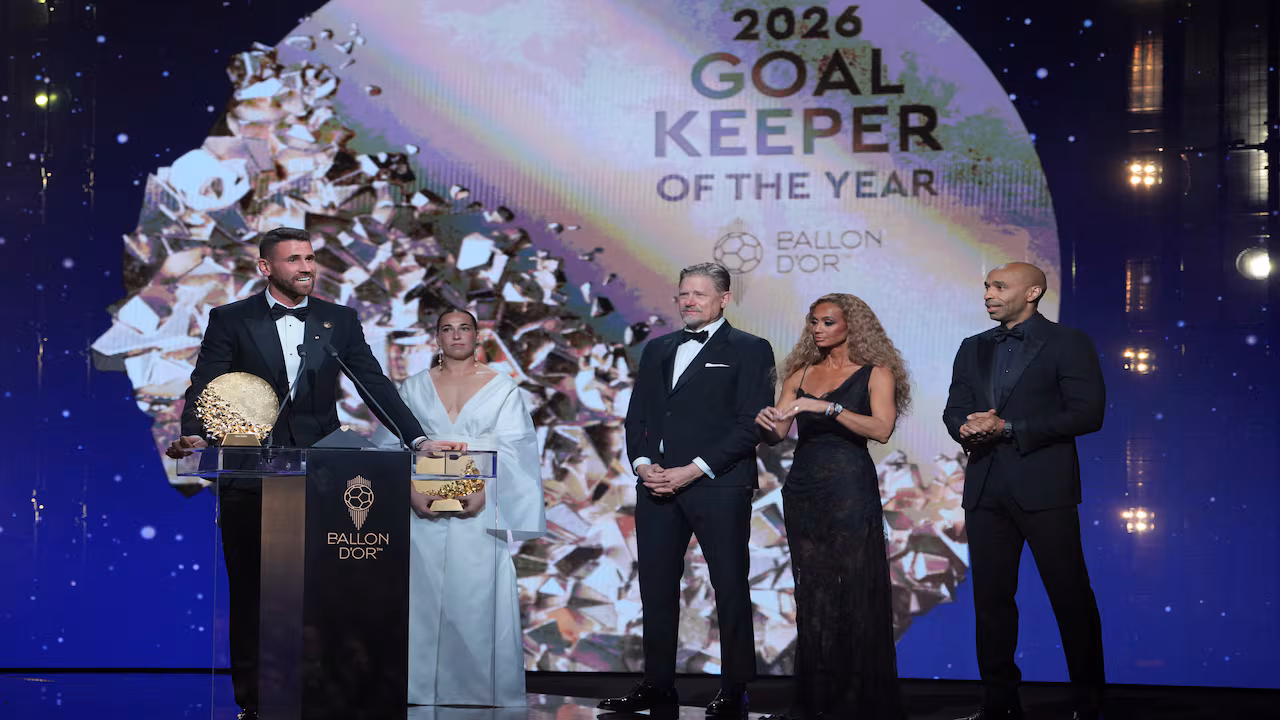 Unai Simón and Cata Coll receive their goalkeeper awards at the 2026 Ballon d’Or ceremony in London.