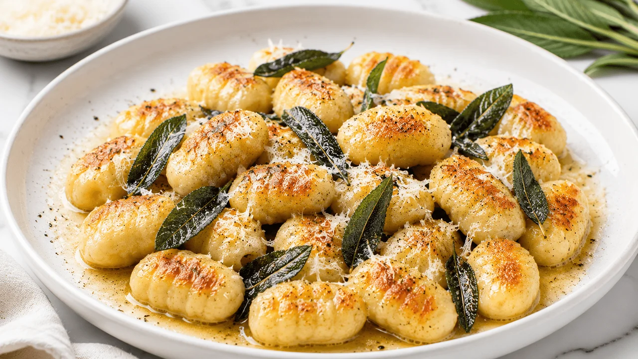 leftover mashed-potato gnocchi with brown butter and sage as a finished dish ready to serve.