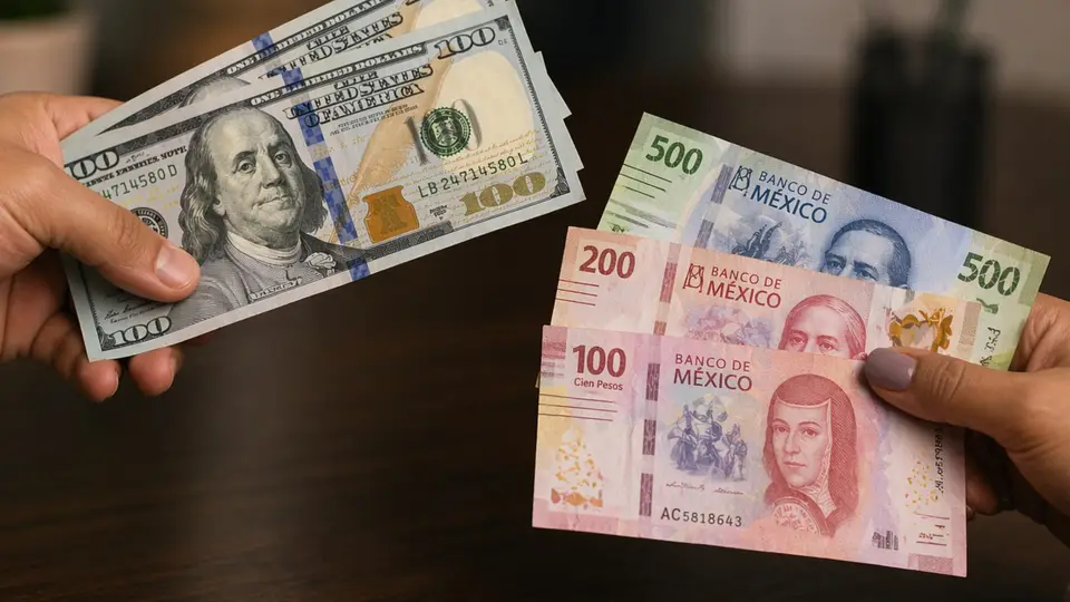 U.S. dollar bills and Mexican peso notes shown together during a currency exchange