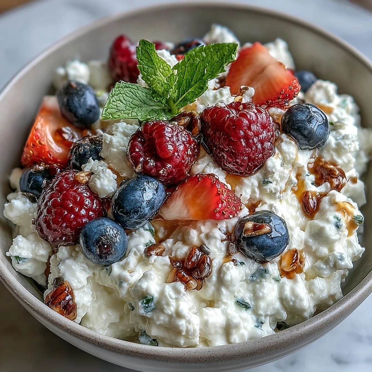 A prepared serving of cottage cheese and berry bowl