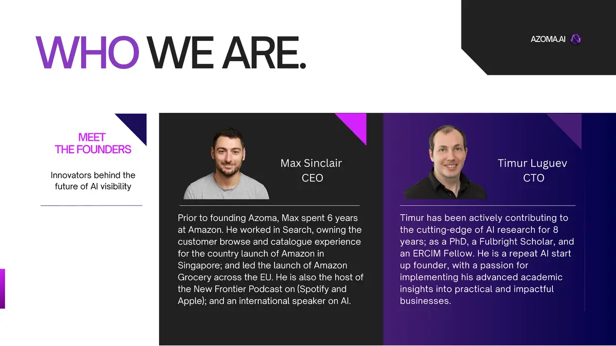 Azoma founders Max Sinclair and Timur Luguev pictured in a company introduction slide.