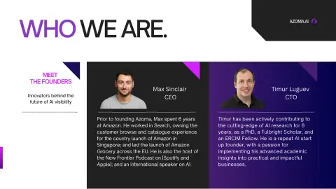 Azoma founders Max Sinclair and Timur Luguev pictured in a company introduction slide.