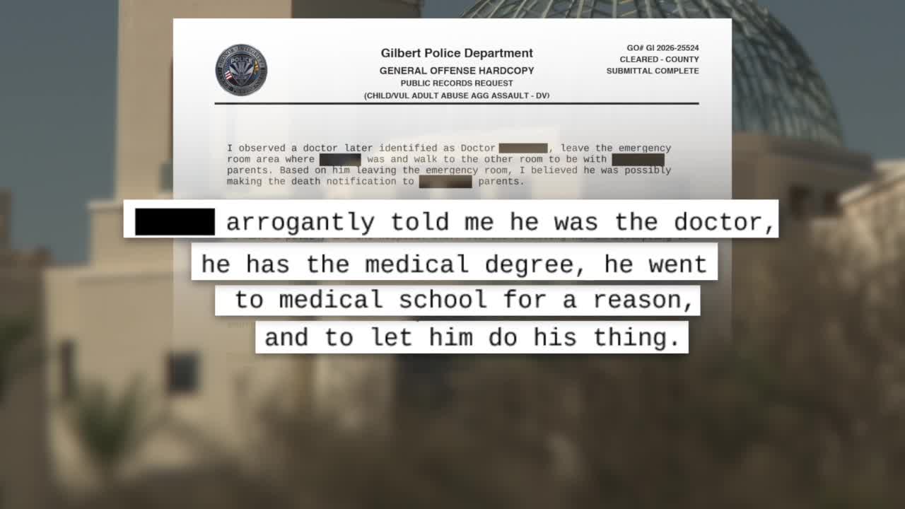 Excerpt of a redacted Gilbert Police Department report on the toddler declared dead at Mercy Gilbert Medical Center, shown over a hospital building in an ABC15 broadcast (file image)