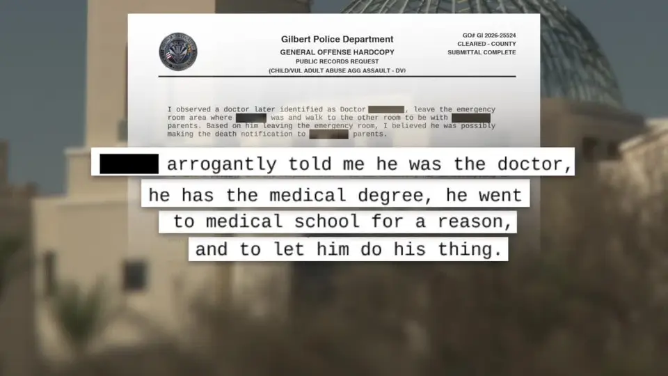 Excerpt of a redacted Gilbert Police Department report on the toddler declared dead at Mercy Gilbert Medical Center, shown over a hospital building in an ABC15 broadcast (file image)