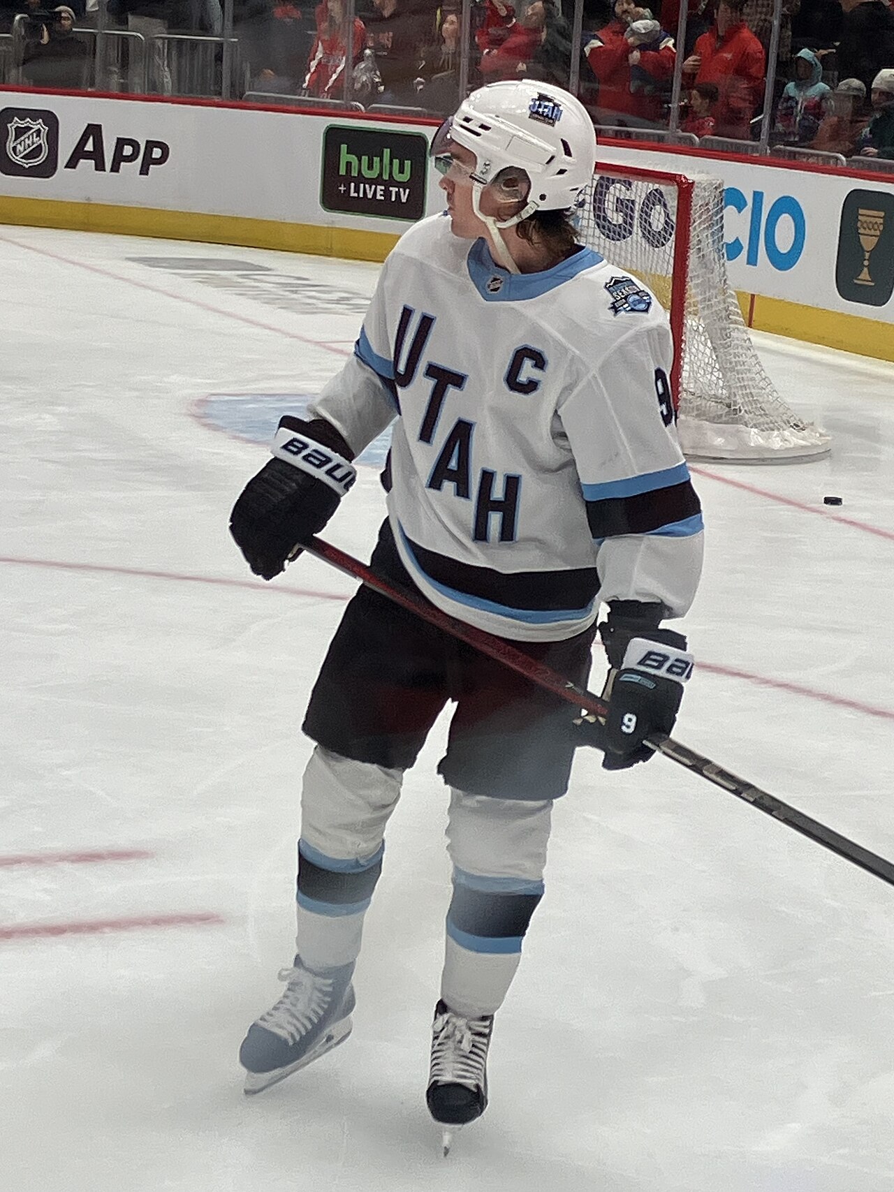 Clayton Keller of the Utah hockey team on the ice during a game in February 2025