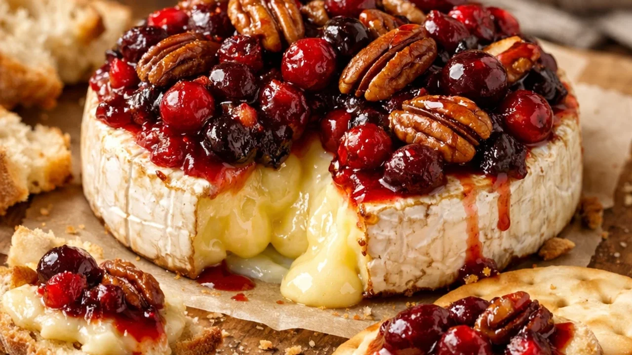 cranberry-pecan baked brie as a finished dish ready to serve.
