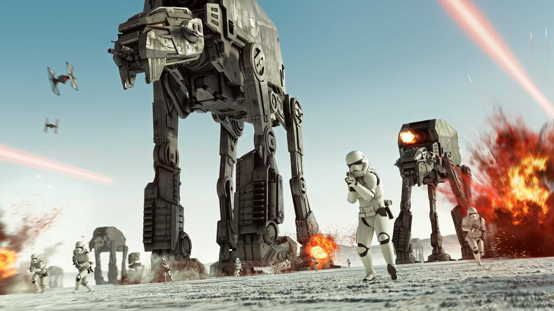 Battlefront II gameplay depicts stormtroopers and AT-AT walkers crossing a snow-covered battlefield.