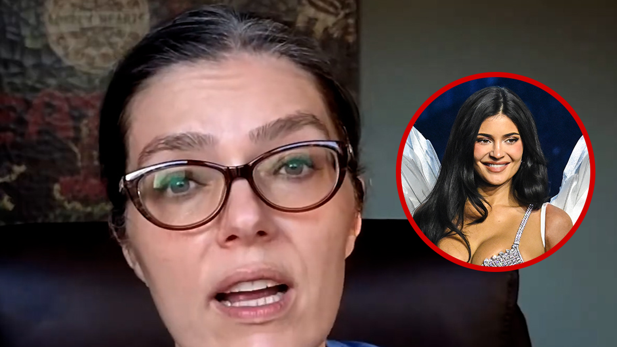Adrianne Curry speaking on a livestream, with an inset photo of Kylie Jenner wearing white wings on the Victoria's Secret runway