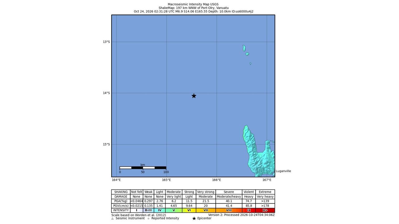 USGS ShakeMap showing the Oct. 24, 2026 magnitude 6.9 earthquake epicenter west of Port-Olry, Vanuatu