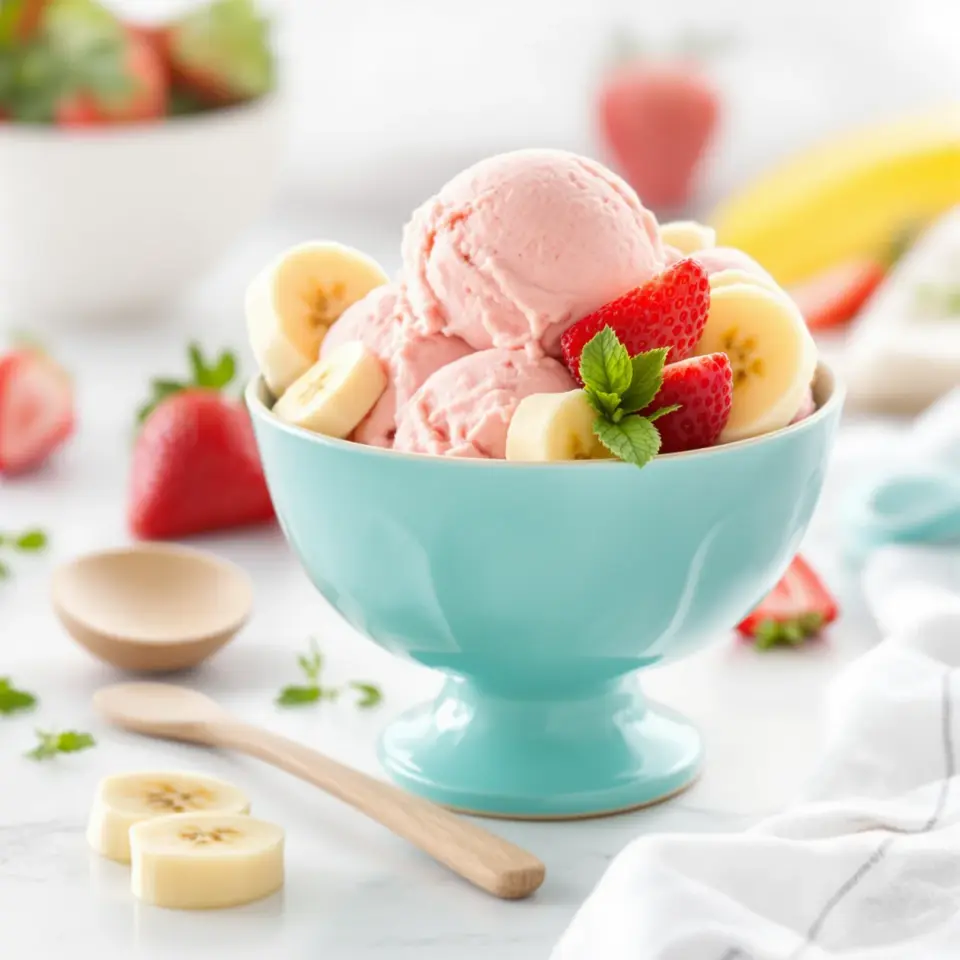A prepared serving of strawberry-banana nice cream