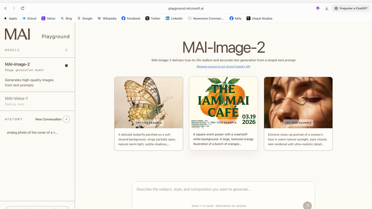 Microsoft's MAI Image playground displays sample generated images and model controls.
