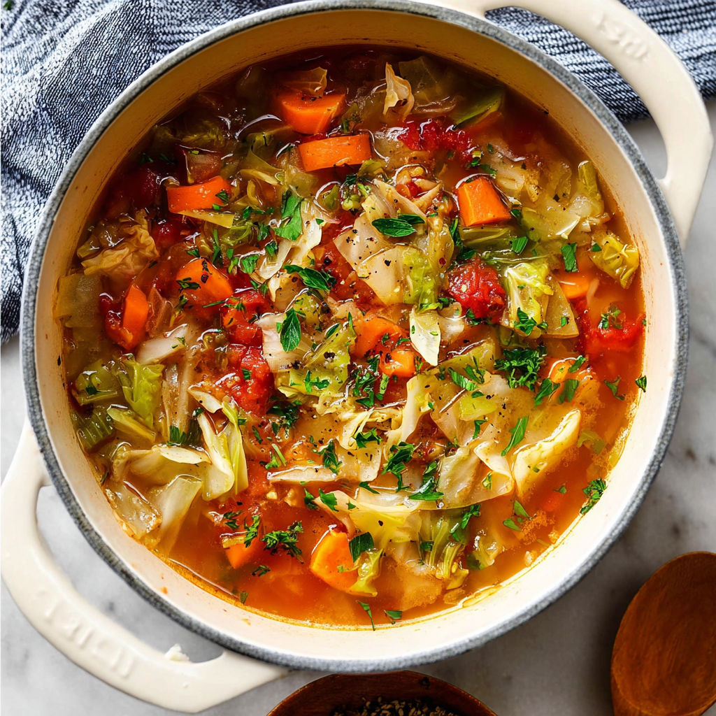 A prepared serving of vegetable cabbage soup
