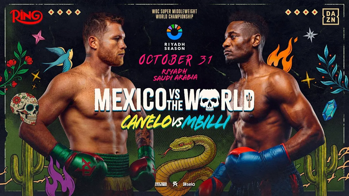 Promotional artwork places Canelo Alvarez and Christian Mbilli face to face for their Riyadh title fight.
