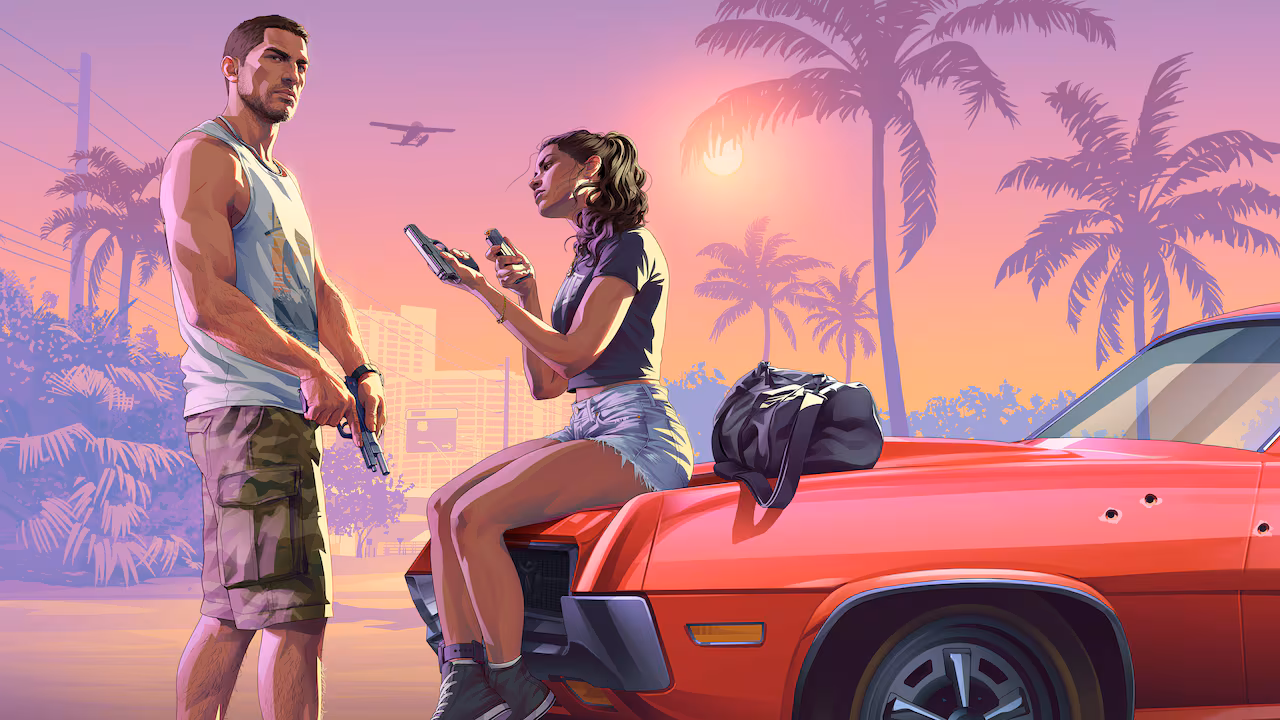 Official Grand Theft Auto VI landscape artwork showing Jason and Lucia, released by Rockstar Games.