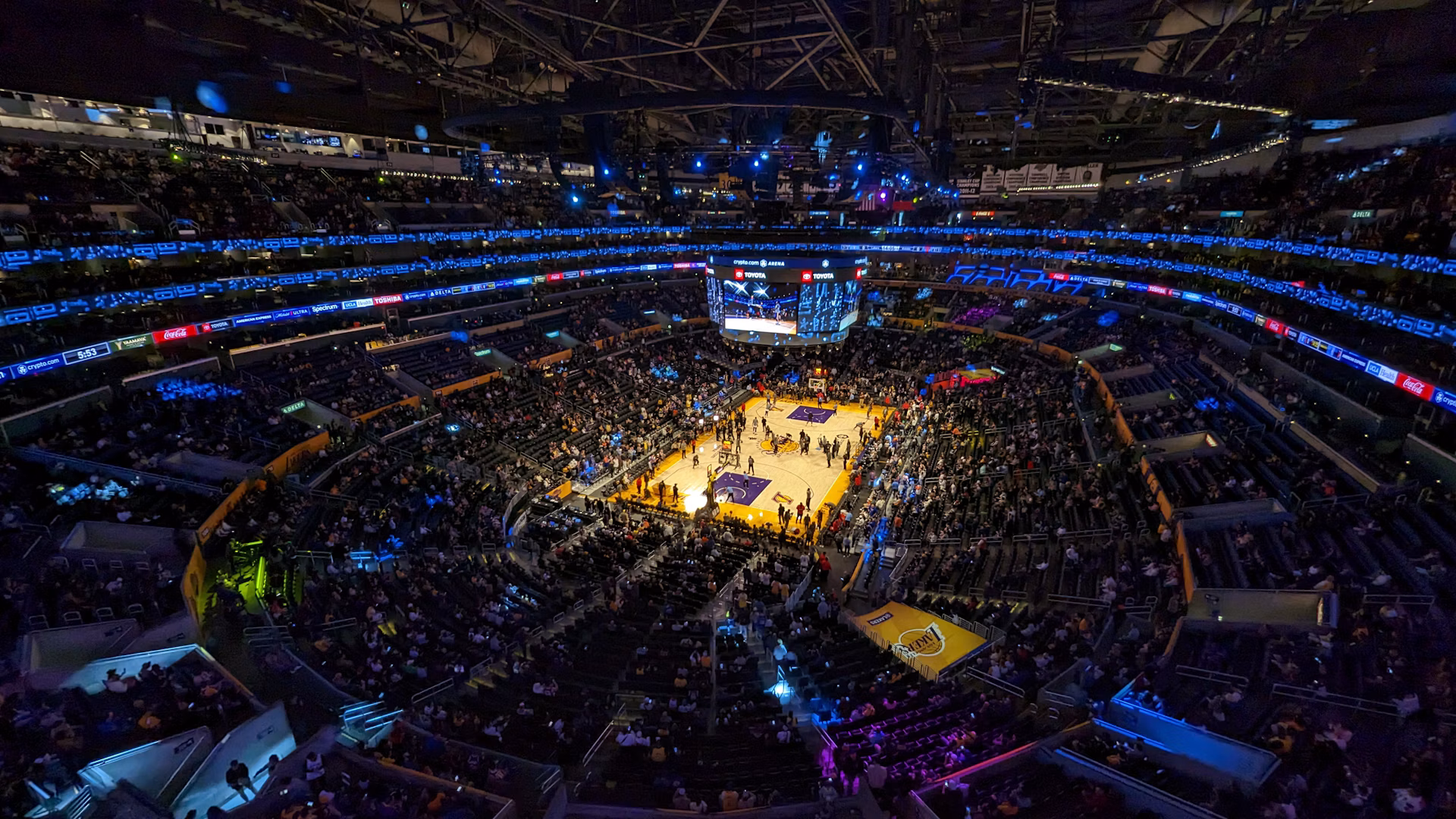 Overhead view of a basketball court in a professional arena