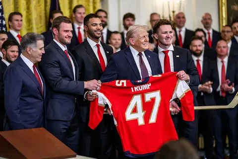 Florida Panthers players and staff with the Stanley Cup during the 2025 champions' visit to the White House in January 2026