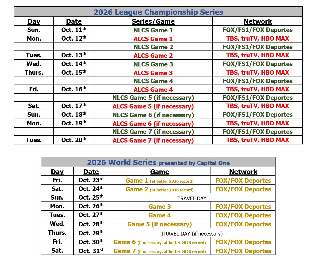 Official 2026 MLB postseason schedule including the World Series