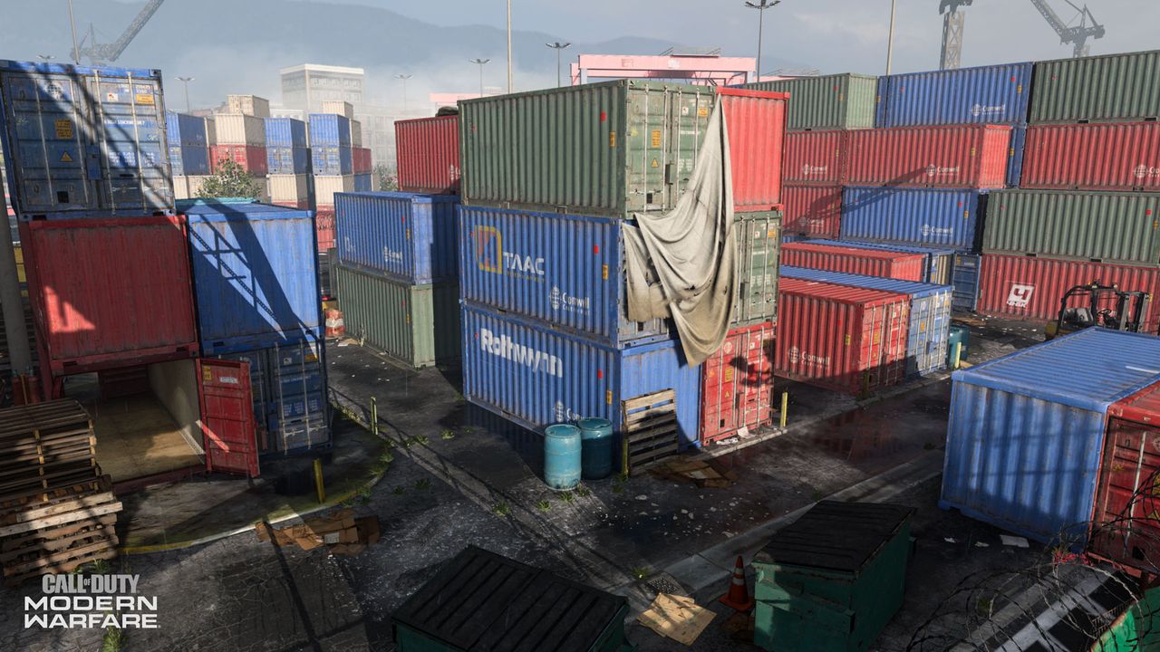 Shipping containers form the tight lanes of Call of Duty's Shipment multiplayer map.