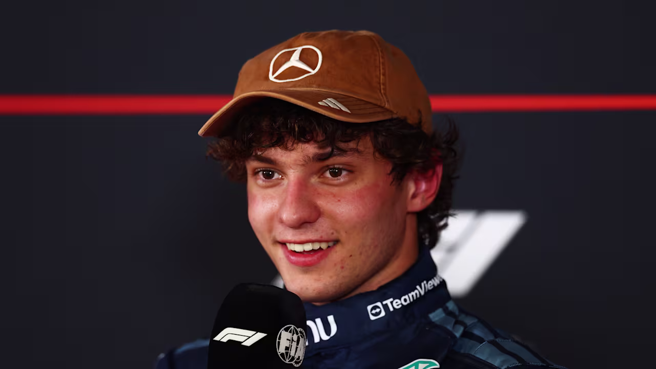 Kimi Antonelli arrives in parc fermé after qualifying on pole for the 2026 United States Grand Prix at Circuit of The Americas.
