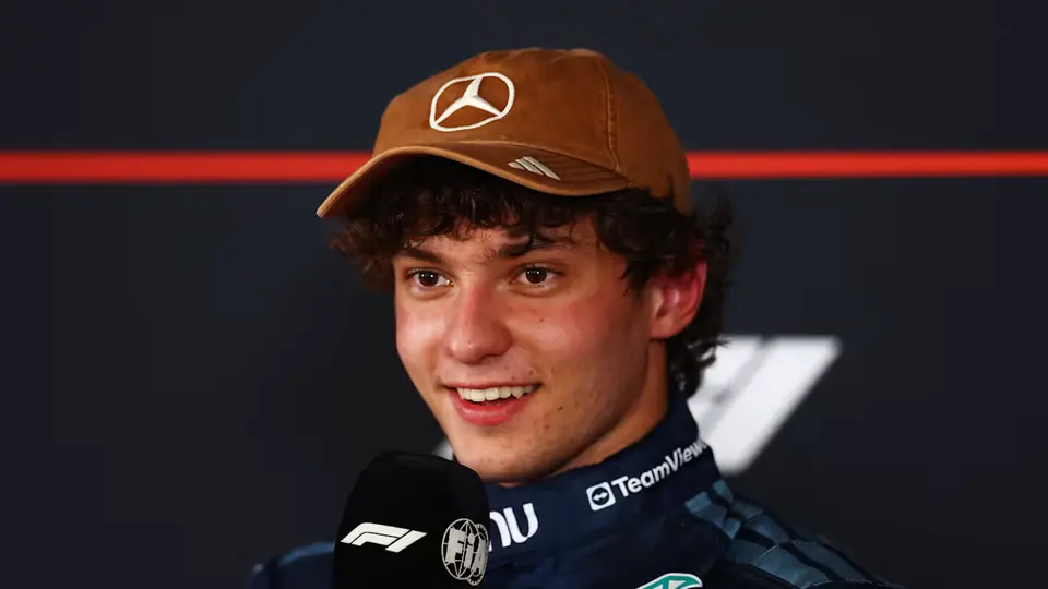 Kimi Antonelli arrives in parc fermé after qualifying on pole for the 2026 United States Grand Prix at Circuit of The Americas.