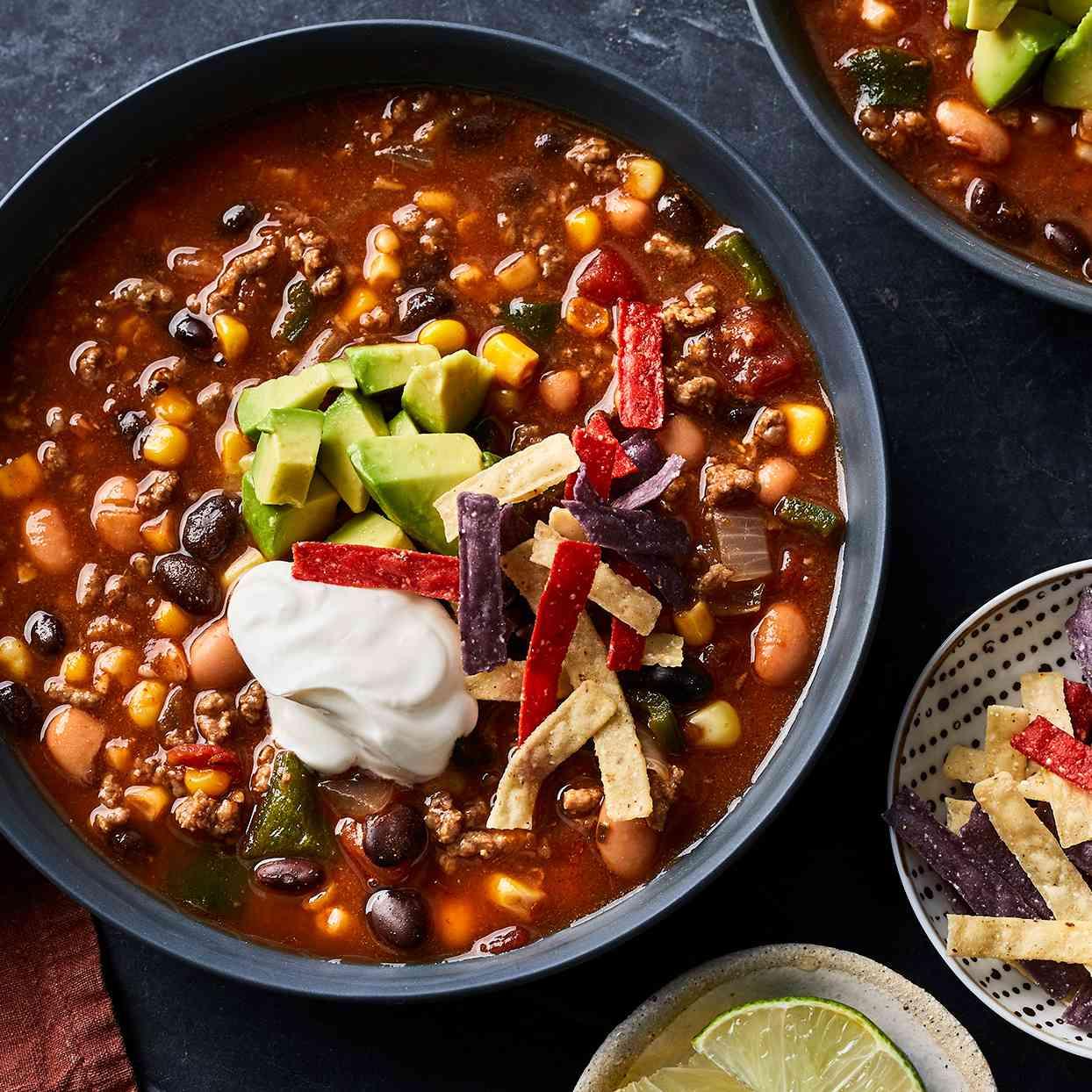 A prepared serving of bean and lean-beef taco soup