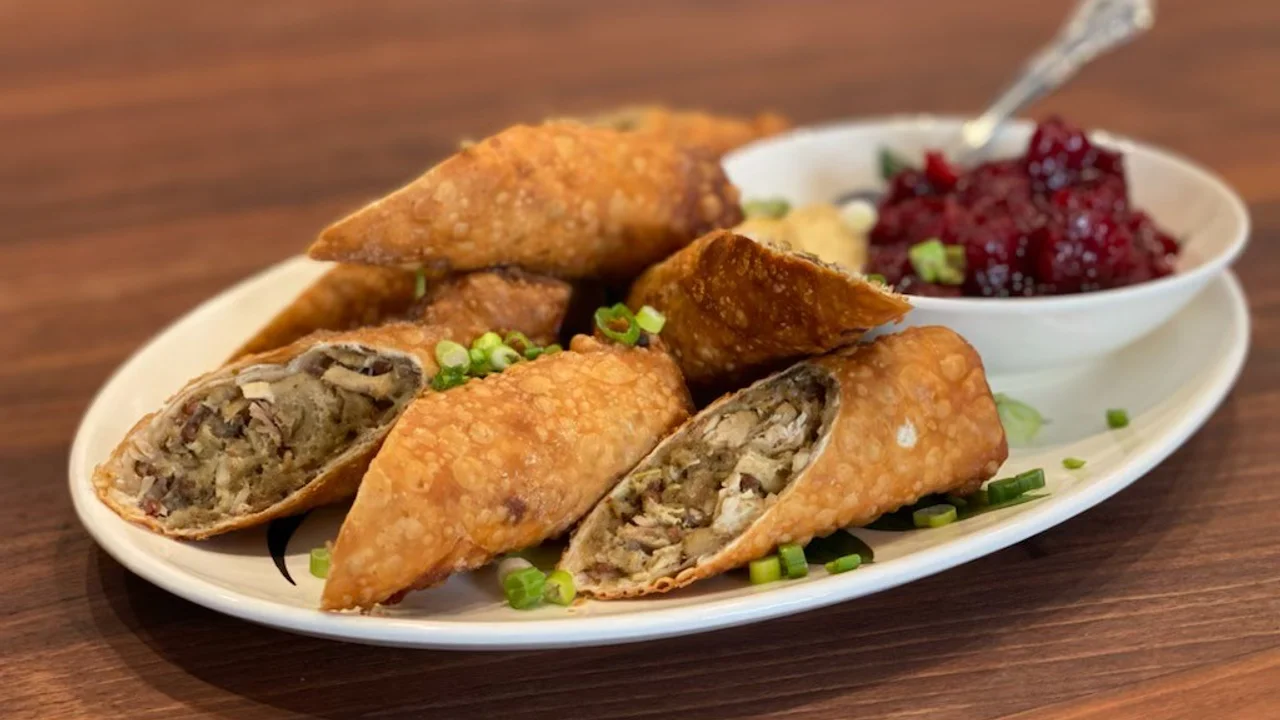 crispy turkey and stuffing spring rolls as a finished dish ready to serve.