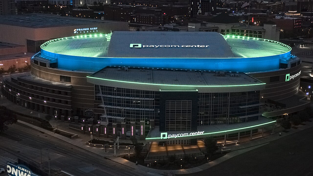 Exterior of Paycom Center in Oklahoma City, home of the Thunder