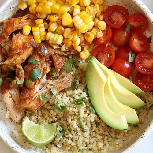 A prepared serving of chipotle chicken quinoa burrito bowl