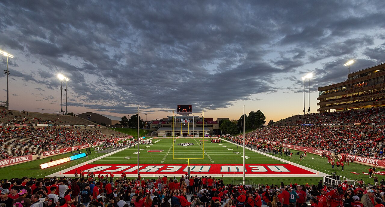 University Stadium in Albuquerque at sunset before a New Mexico Lobos football game.