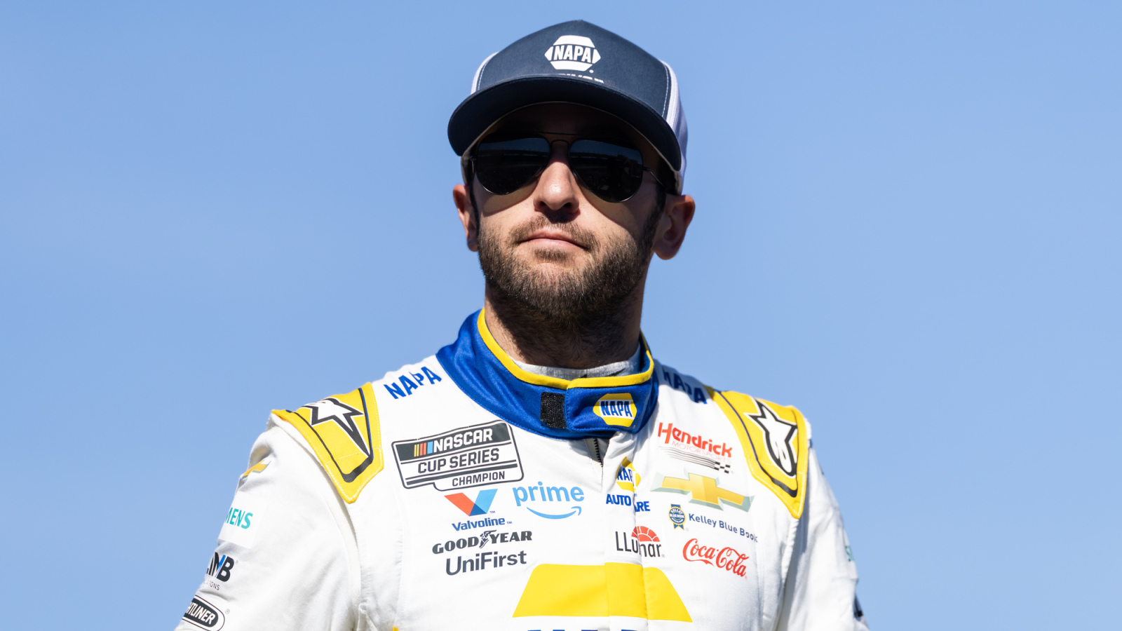Chase Elliott in his NAPA-branded racing suit and cap