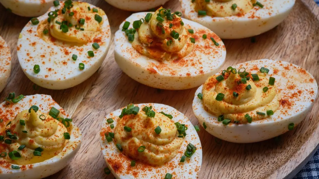Deviled egg halves piped with creamy yolk filling and garnished with paprika and chives
