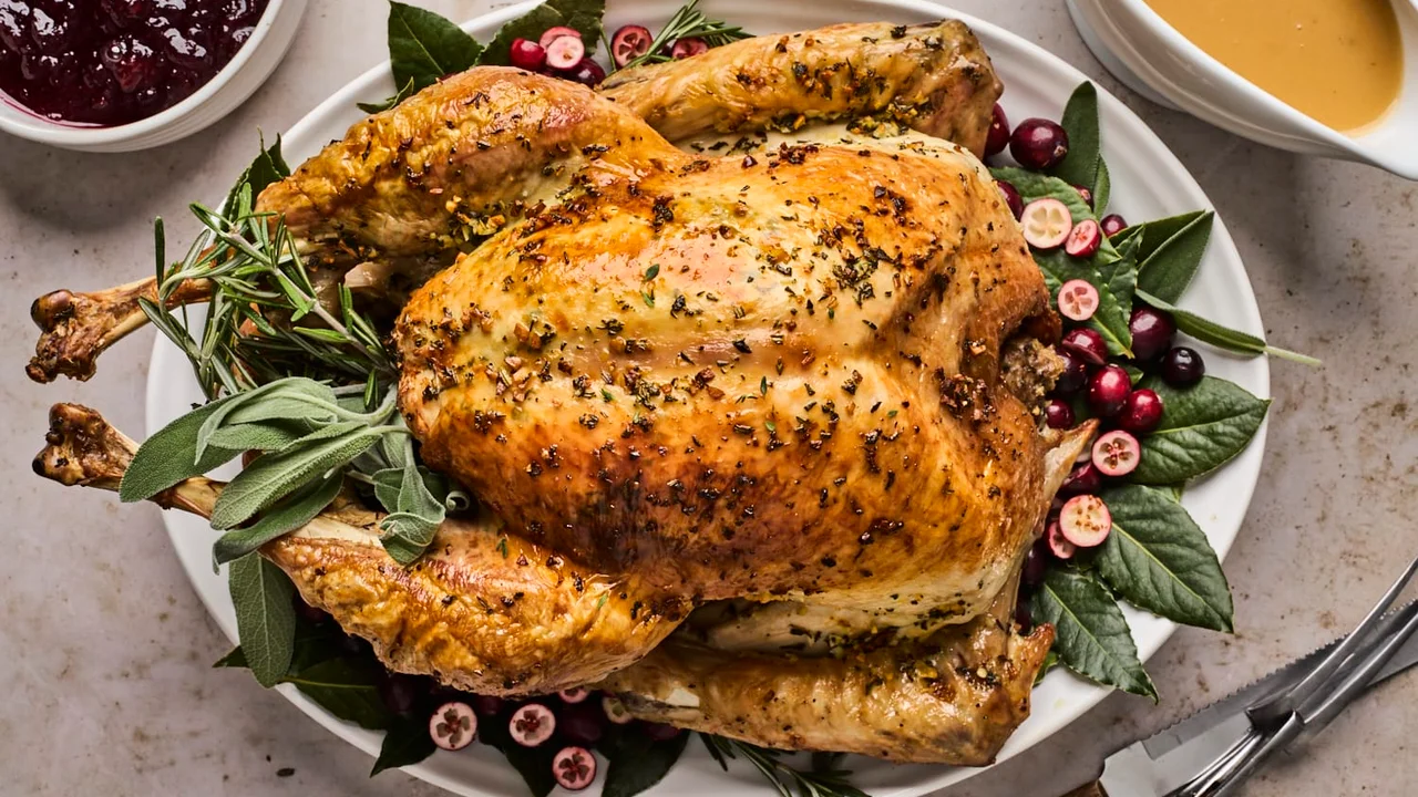 Herb-Butter Roast Turkey With Crisp Skin as a finished dish ready to serve.