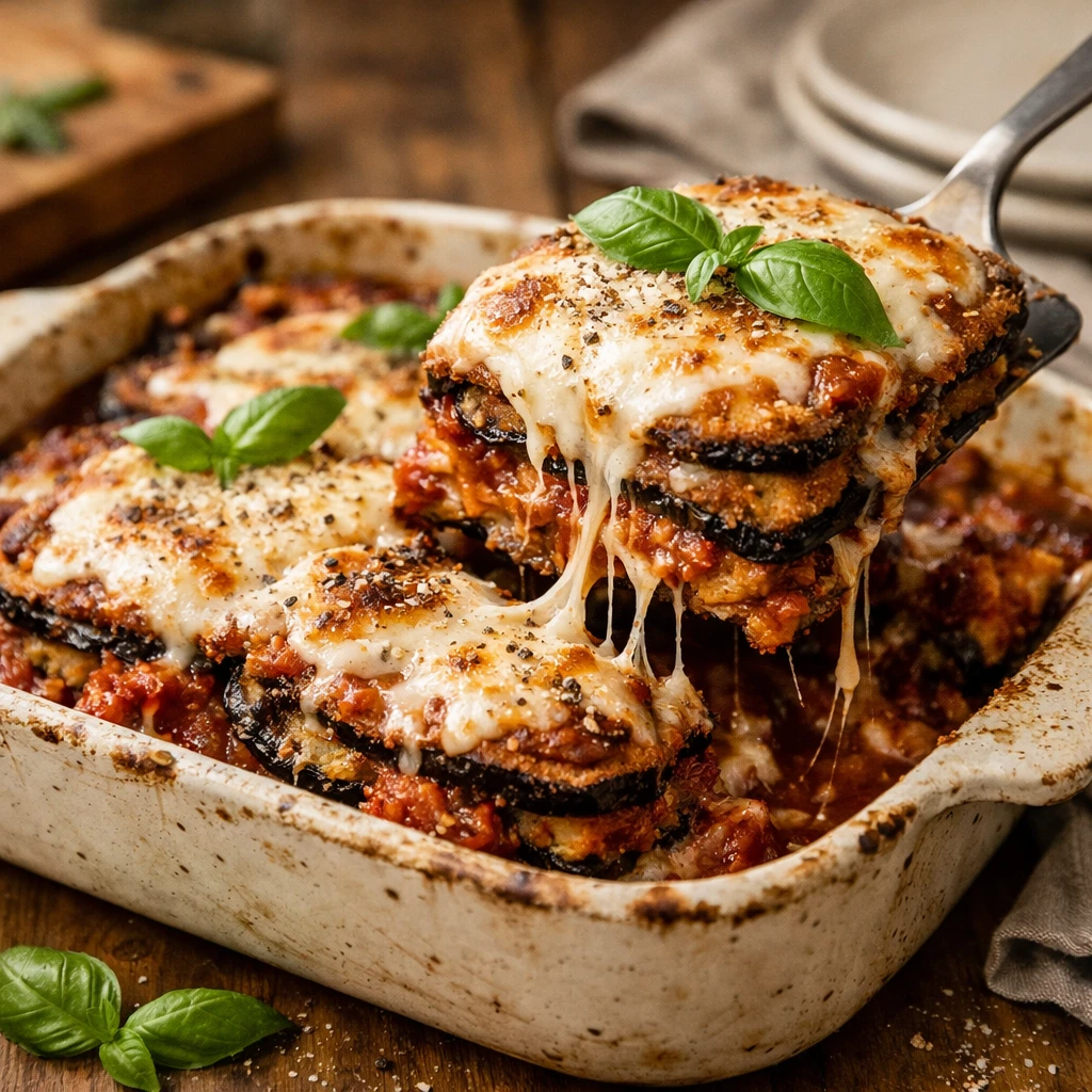 A prepared serving of baked eggplant parmesan