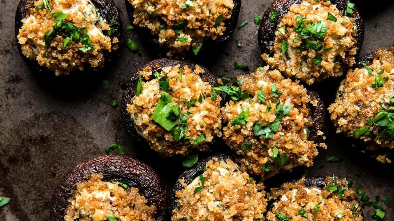 crispy stuffing-stuffed mushrooms as a finished dish ready to serve.