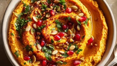 roasted sweet-potato hummus from thanksgiving leftovers as a finished dish ready to serve.