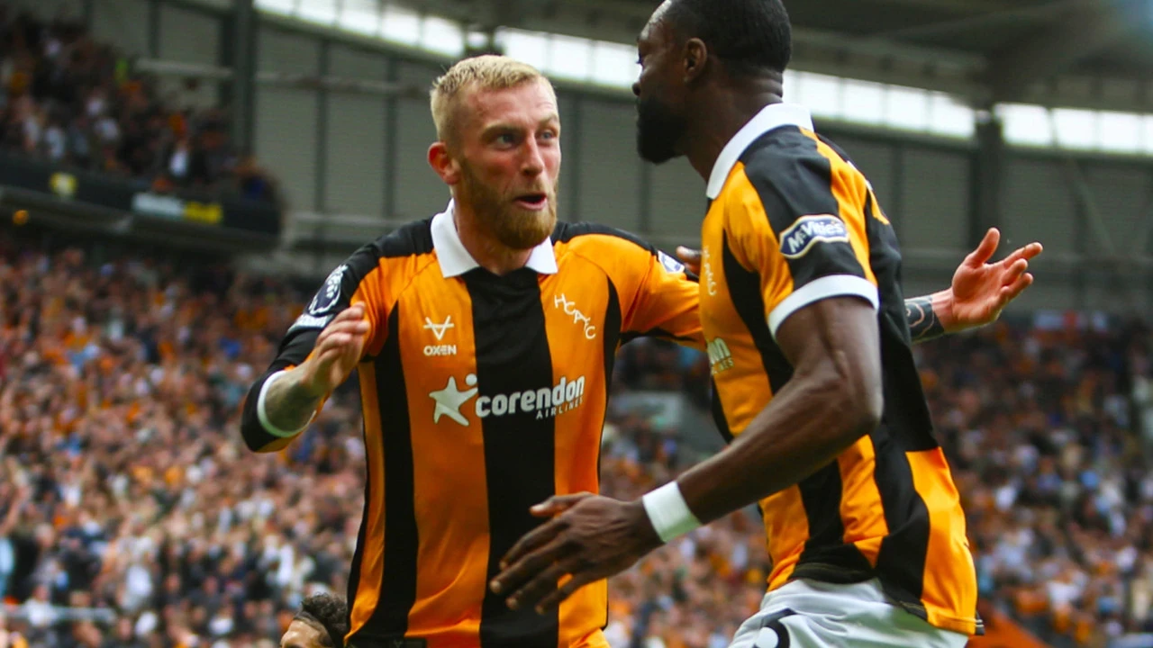 Hull City players celebrate during a Premier League match at the MKM Stadium in August 2026.