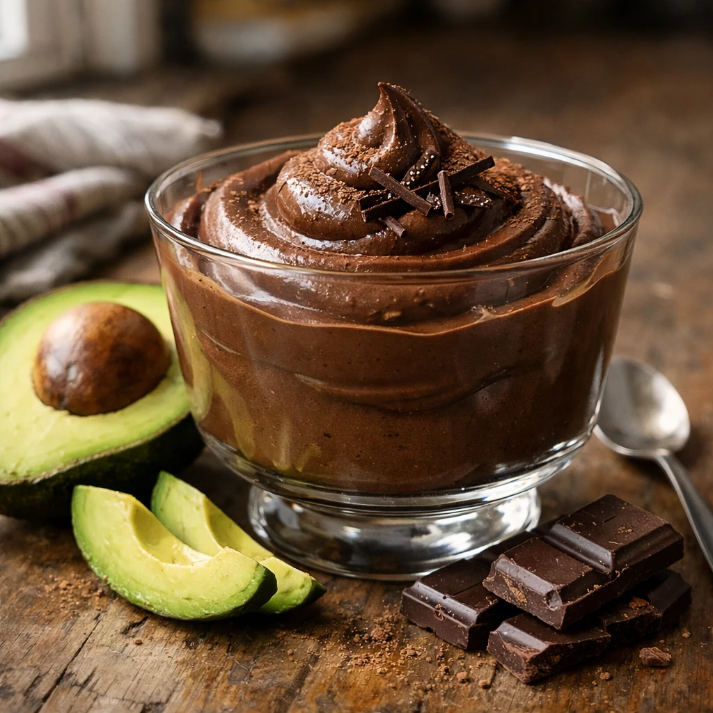 A prepared serving of chocolate avocado mousse