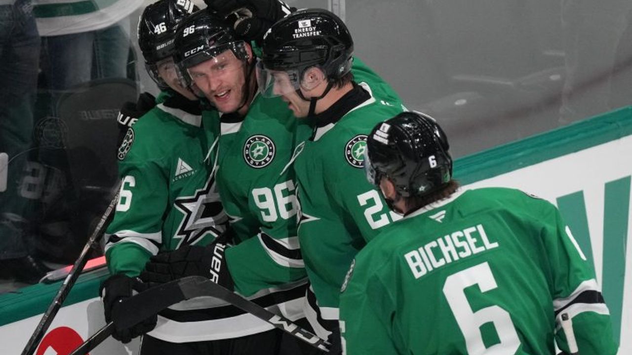 Dallas Stars players celebrate during an NHL game.