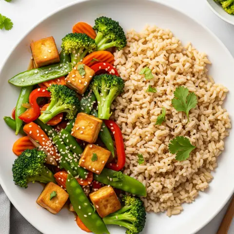 A prepared serving of vegetable-tofu stir-fry with brown rice