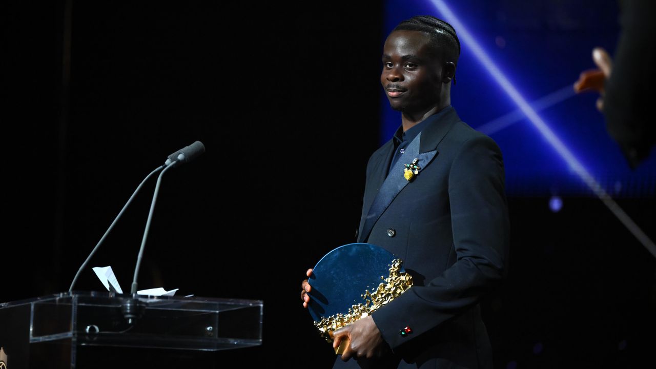 Bukayo Saka at the 2026 Ballon d’Or ceremony after receiving the Sócrates Award.