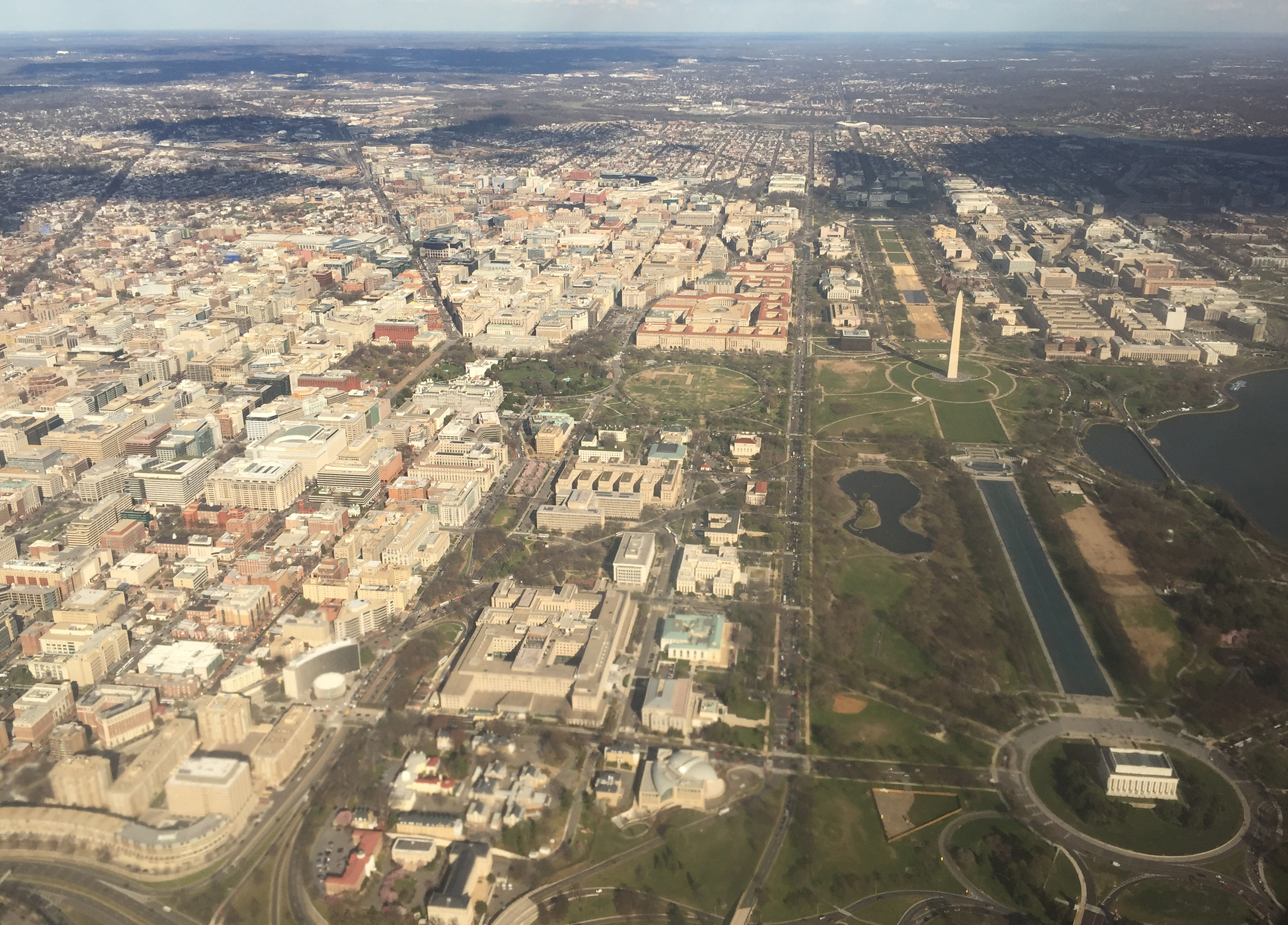 Aerial view of Washington, D.C., seen from a plane departing Reagan National Airport, with DAR Constitution Hall near the center