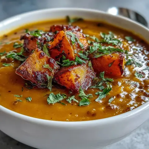 A prepared serving of butternut squash and lentil soup