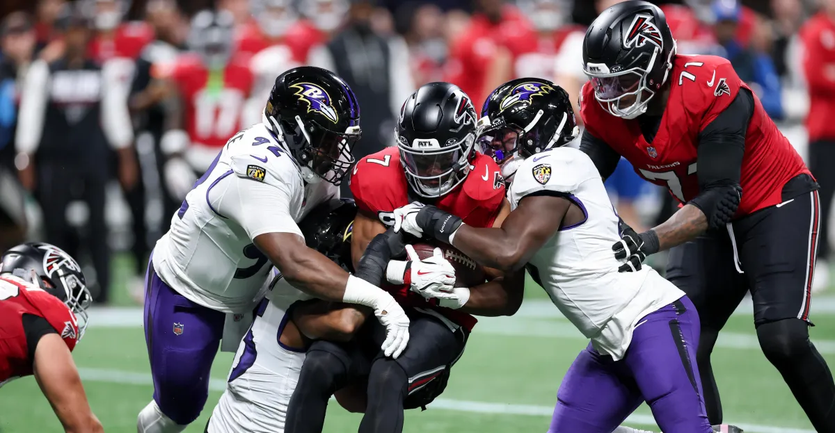 Baltimore Ravens and Atlanta Falcons players during their overtime game